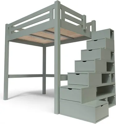 Produktbild von Hochbett in holz 160x200 Alpage mit treppenregal - Grau
