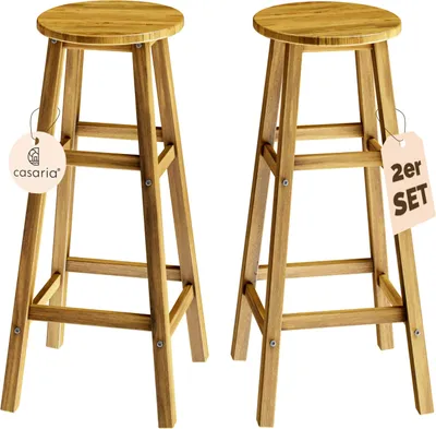 Produktbild von CASARIA® Barhocker 2er Set Holz Akazie Outdoor 75cm Sitzhöhe Fußstütze 150kg Belastbarkeit Massiv Rund Rustikal Garten Küche Bar Stuhl Hocker Braun