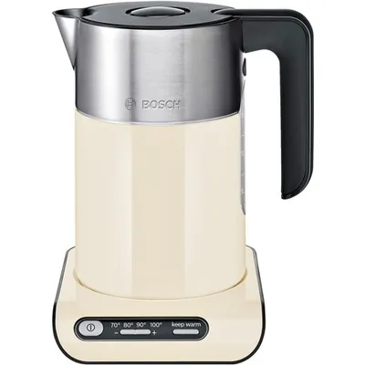 A cream-colored Bosch electric kettle with a silver top and black handle, shown on its base with temperature controls.