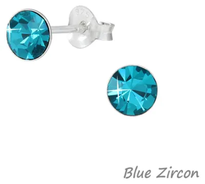 Produktbild von Kristall Ohrstecker rund: 925 Silber Ohrringe „Solitär“ 5 mm Blue Zircon
