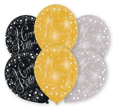 Produktbild von Amscan 9901069 - Latexballons Happy Birthday, 6 Stück, circa 28 cm, Gold, Silber, Schwarz, Geburtstag, Luftballon