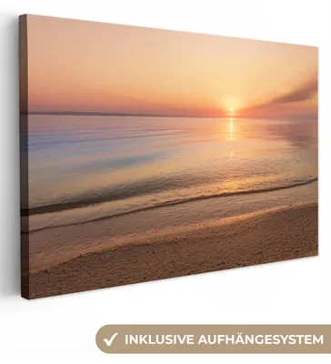Produktbild von MuchoWow® - Leinwandbilder - Strand - Meer - Rosa - Sonnenuntergang, Wandbild, Wanddeko Bilder Wohnzimmer, 90x60 cm