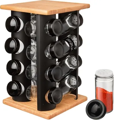 Produktbild von Orion Gewürzständer Gewürzkarussell Gewürzregal drehbar mit 16 Glasbehälter robust aus Holz Metall 17,5x17,5x29 cm