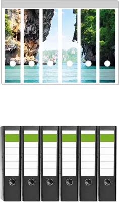 Produktbild von Wallario 6 Stück breite Ordner inkl. Klebeetiketten mit Motive Felsenschlucht am Meer in Thailand -  Set mit Rückenschildern / Ordnerrücken Stickern