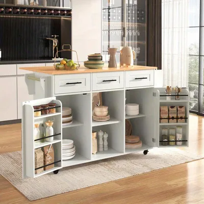 Immagine prodotto di Carrello di servizio e carrello da cucina in MDF bianco con piano di lavoro pieghevole, ruote e gambe in legno, dimensioni 139x46x91,5 cm
