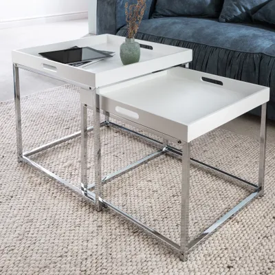 Produktbild von Modernes Beistelltisch 2er Set ELEMENTS 50cm weiß Chrom abnehmbares Tablett