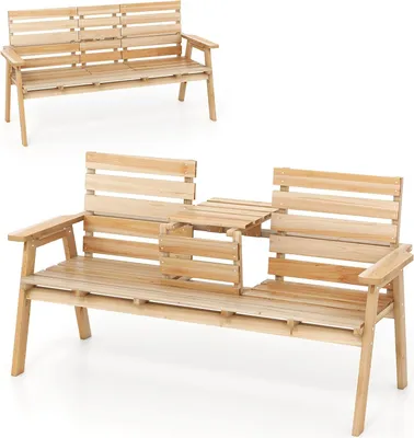 Produktbild von KOMFOTTEU Gartenbank aus Tannenholz, Lattenbank mit klappbarem Mitteltisch, Holzbank für 2-3 Personen bis 320 kg, Parksessel Sitzbank 160 x 64 x 86 cm, Parkbank für Garten, Balkon (Natur)