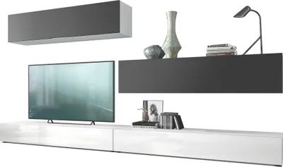 Produktbild von Vladon Wohnwand Nublo,  Germany, Anbauwand mit Rückwand mit 2 Klappen und 2 Sockelelementen, Korpus Weiß matt, Fronten Weiß Hochglanz und Schwarz matt (280 x 147 x 39 cm)
