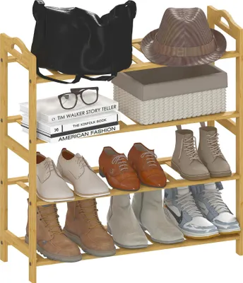Produktbild von HOMCOM 4-stöckiges Schuhregal aus Bambus, Platz für 12 Paar Schuhe, Ablage für Eingangsbereich, Flur, Wohnzimmer, 67,5 x 24,7 x 72 cm, Naturholzoptik