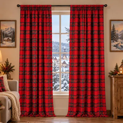 Produktbild von 2er Set Vorhänge Weihnachten Tartan Gardinen mit Multifunktionsband Weihnachtsvorhänge Dekoschal für Wohnzimmer Schlafzimmer, Rot, B132xH274cm