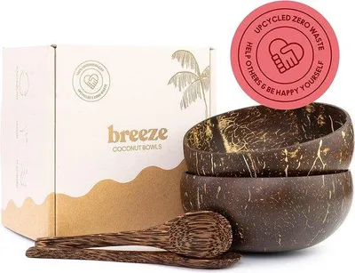 Image de Set de noix de coco avec cuillère en bois, lot de 2, noix de coco en bois, vegan, bol de Bouddha, bol d'açaï, fait main, produit naturel