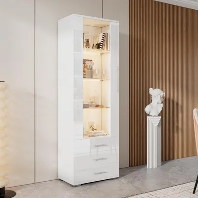 Image de Vitrine blanche laquée. Vitrine en verre. Vitrine d'exposition avec éclairage LED. Vitrine verticale avec 3 tiroirs. Dimensions : 60 x 35 x 180 cm