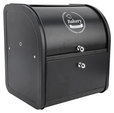 Image de Boîte à pain à double compartiment en métal, récipient de rangement multifonctionnel de grande capacité pour le plan de travail de la cuisine, avec couvercle rabattable, noir
