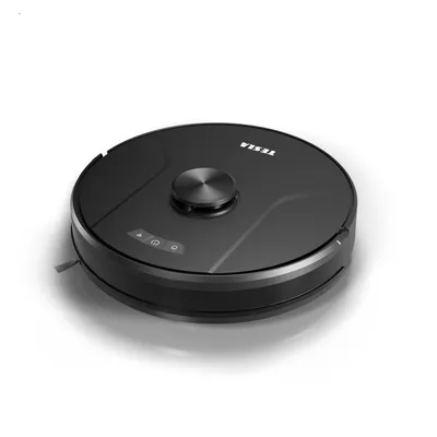 A black Tesla Smart AI Saugroboter Laser AI200 robot vacuum cleaner is shown from a slightly elevated side angle against a white background.