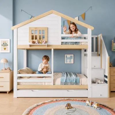Image de Lit bébé 90x200 avec lit escamotable, escalier avec rangement et fenêtre, lit superposé, blanc/naturel