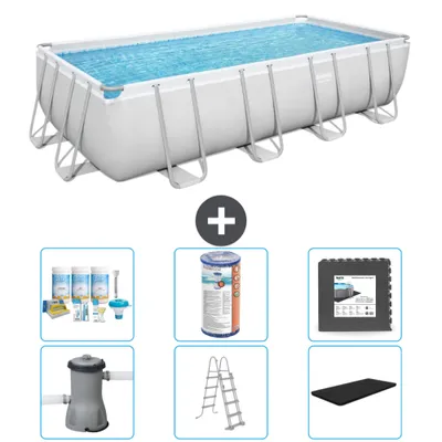 Produktbild von Bestway Rechteckiges Power Steel-Schwimmbecken – 488 x 244 x 122 – Grau, inklusive Pumpe – Leiter – Abdeckung Wartungspaket - Filter - Bodenfliesen