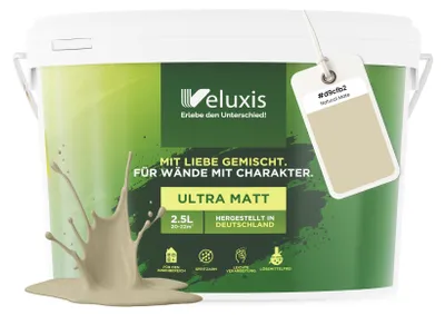 Produktbild von Wandfarbe Beige Creme Grün Matt Innenfarbe – Deckkraft Klasse 1, VOC-frei, Ohne Grundierung, Tropfarm – Wohnzimmer & Schlafzimmer – 2,5L – Veluxis (Natural Mate)