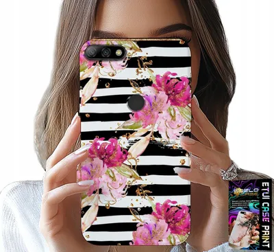 Zdjęcie produktu dla Etui Do Huawei Y7 2018 - Kwiatki W Czarno - Białe Paski Wzory