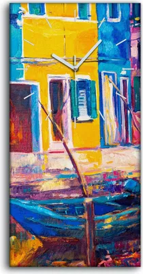 Produktbild von Wandbild Leinwand Bilder mit Uhr 30x60 Kunst Stadtgebäude Wasser boote Dorf - weiße Hände