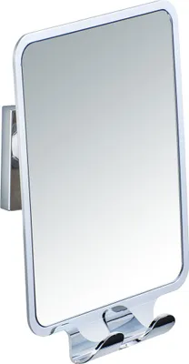 A close-up studio shot of a chrome-finished bathroom mirror with a hook.