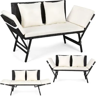 Produktbild von Polyrotan Gartenbank mit Sonnenliege Verstellbare Armlehnen Außen Garten Terrasse Balkon Bank Beige