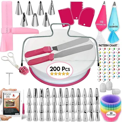 Produktbild von 200 Stücke Torten Zubehör Set Tortenplatte Drehbar Backzubehör Set mit Tortendrehscheibe und Spritztüllen Spritzbeutel Abgewinkelter Spatel Muffinför