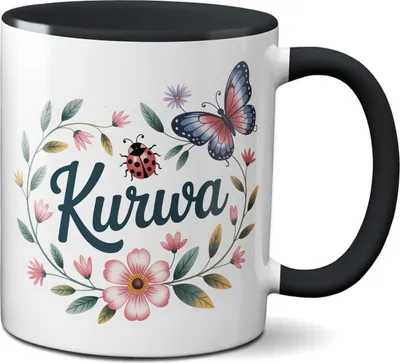 Produktbild von TassenKing Kurwa Tasse – Lustiger Kaffeebecher mit Blumenkranz & Marienkäfer Motiv – Keramik 330 ml – schwarz – für Damen & Herren