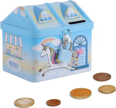 Produktbild von Kreative Kleine Haus Einhorn Lagerung Münze Spardose Mit Schloss und Münzschlitz Kinder Geschenk Mädchen Junge, 11.4*8.9*10.2cm(Blau)