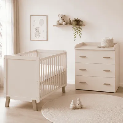 Produktbild von Babyzimmer Babybett Kinderbett Wickelkommode Lou umbaubar Schutzgitter Kaschmir-Beige mit Matratze