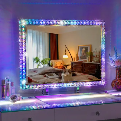 Zdjęcie produktu dla VANITII Hollywood Lustro kosmetyczne 80 cm x 60 cm z oświetleniem LED Tryb światła RGB Lustro kosmetyczne z kryształkami do toaletki Białe