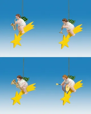 Produktbild von Christbaumschmuck Engel auf Sternschnuppe mit Instrument 4 teilig ohne Krone Höhe 6cm NEU