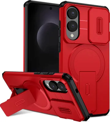 Image de Étui magnétique pour Samsung Galaxy S25 Edge, étui durable à deux couches avec protection coulissante de l'appareil photo et support réglable Rouge