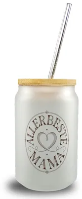 Produktbild von Für die Beste Mama Herz Trinkglas mit Bambusdeckel für Muttertag