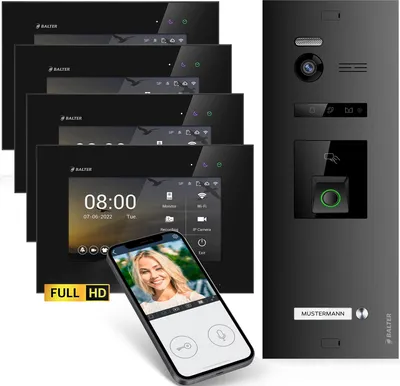 Produktbild von HD Video Türsprechanlage mit Fingerprint RFID und Smartphone App für 1 Familienhaus, 4x Monitore, Balter EVO HD Fingerprint