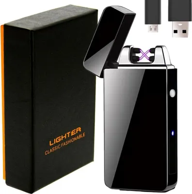 A black electric plasma lighter with its packaging and charging cables.