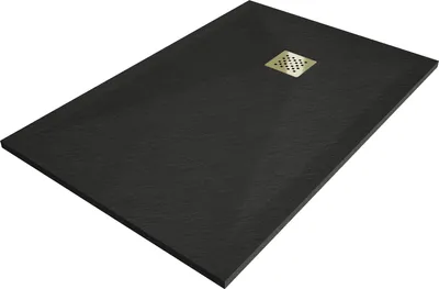 Zdjęcie produktu dla Mexen Stone+ brodzik kompozytowy prostokątny 90 x 80 cm, czarny, maskownica złota - 44708090-G