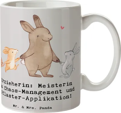 Produktbild von Mr. & Mrs. Panda Teetasse Erzieherin Chaos-Management - Grau Pastell - Geschenk, Berufsalltag, Fürsorge, Handgefertigt, hochwertige tasse, Beruf, Kaffeebecher, Becher