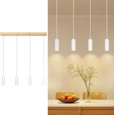 Productafbeelding van ZMH Pendellamp voor eettafel, 4 lampen, houten LED pendellamp, GU10, metalen behuizing, mat, verstelbare hoogte, modern design, binnenverlichting, wit