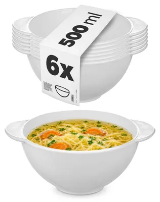 Produktbild von KADAX Suppenschüsseln 500ml, 6er Set, weiße Suppentassen aus Glas Servierschüssel für Suppen, Müsli und Eintöpfen, Salatschalen in Weiß, Suppenschalen mit Henkel, spülmaschinengeeignet