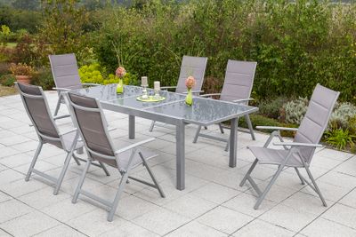 Merxx Gartenmöbelset " Taviano" 7tlg. mit Ausziehtisch 160/220 x 90 cm - Aluminiumgestell Silber mit Textilbespannung Diamantbraun