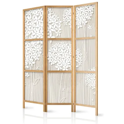 Image de Paravent 135 x 171 cm, 3 panneaux, simple face, élégant, pare-vue, séparateur de pièce, cloison, motif décoratif, bois, design, bureau à domicile, couleur crème, filigrane, botanique, nature b-C-0008-bh