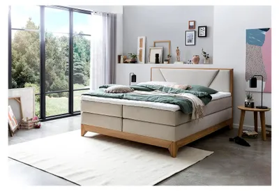Produktbild von Boxspringbett Riviera 180x200 Eiche 7-Zonen Taschenfederkernmatratze inkl. Visco-Topper in Beige H2/H3