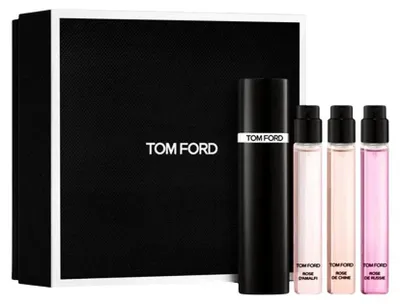 Zdjęcie produktu dla Zestaw Tom Ford: Rose De Russie woda perfumowana dla kobiet 10 ml + Rose De Chine woda perfumowana dla kobiet 10 ml + Rose D'Amalfi woda perfumowana dla kobiet 10 ml + pojemnik na atomizer Tom Ford, kolor czarny, wielokrotnego użytku