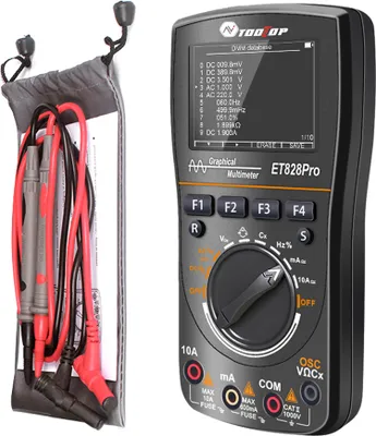 Produktbild von Multimetr oscyloskopowy ET828PRO 2 w 1, częstotliwość próbkowania 50 Msps, szerokość pasma 10 MHz, ręczny miernik oscyloskopowy, kolorowy wyświetlacz 2,4 cala, 6000 zliczeń, miernik napięcia, prądu, rezystancji, pojemności z automatycznym wyłączaniem i funkcją przechowywania danych do majsterkowania i testów elektronicznych