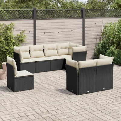 Produktbild von Design 8-tlg. Garten-Sofagarnitur mit Kissen Schwarz Poly Rattan, Gartenmöbel-Sets 2024 Neu