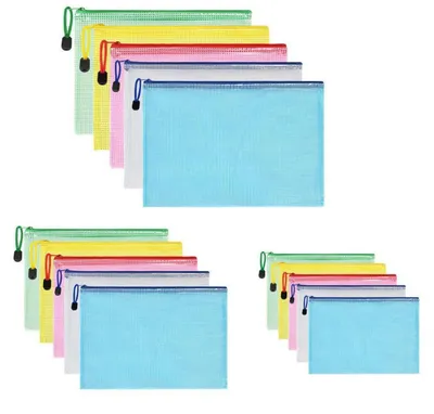 Image de Pochettes de documents A3, A4, A5, lot de 15, 5 couleurs, en mesh et PVC, avec fermeture éclair