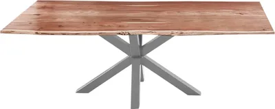 Produktbild von Esszimmertisch 300x100cm Quincy, echte Baumkante, Akazienholz naturfarben, massiver Baumkantentisch mit Spider-Gestell Silber
