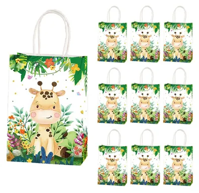 Imagen del producto de 10 bolsas de regalo para cumpleaños con diseño de jirafa - color verde