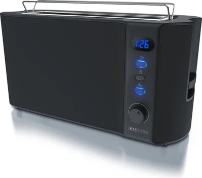 A black toaster with a digital display and control buttons.