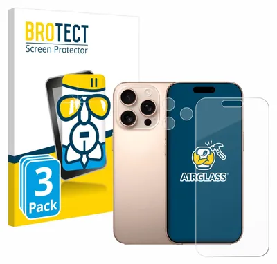 Product packaging for a 3-pack of screen protectors for an Apple iPhone 16 Pro Max, showing the packaging, a representation of the phone, and the screen protectors.